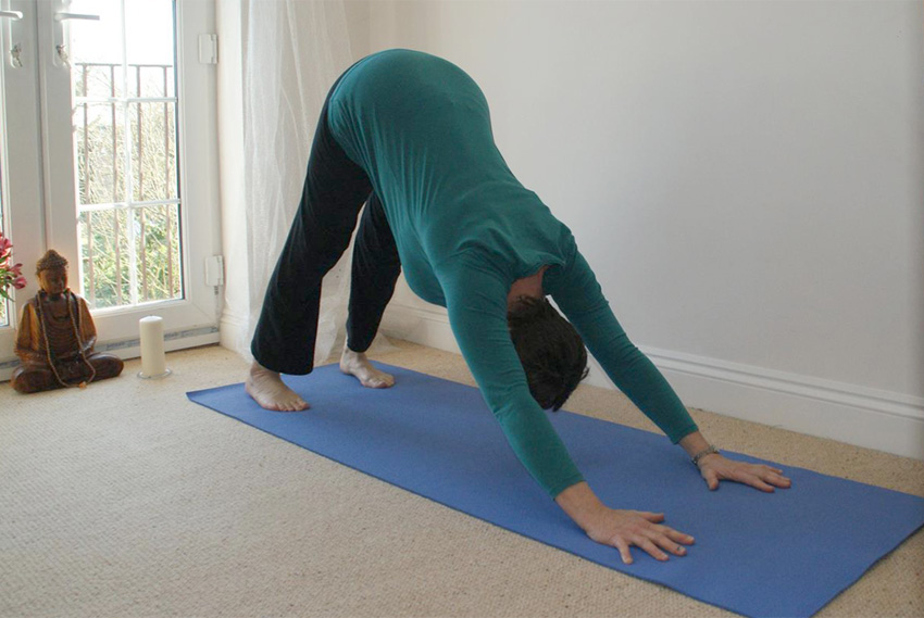 Cathie in Downward Dog posture. Releases shoulders and backs of legs, opens the heart area and lengthens and strengthens the spine. An inversion to energise the body and mind.